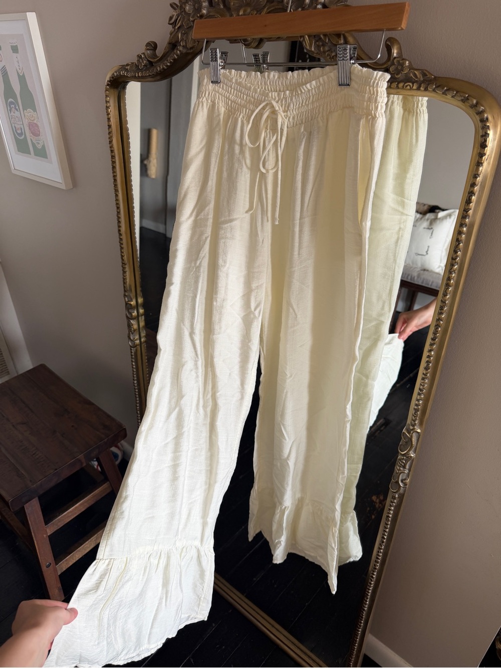 Women's Cream Ruffled Pants with Drawstring Waist - Picture 2 of 6